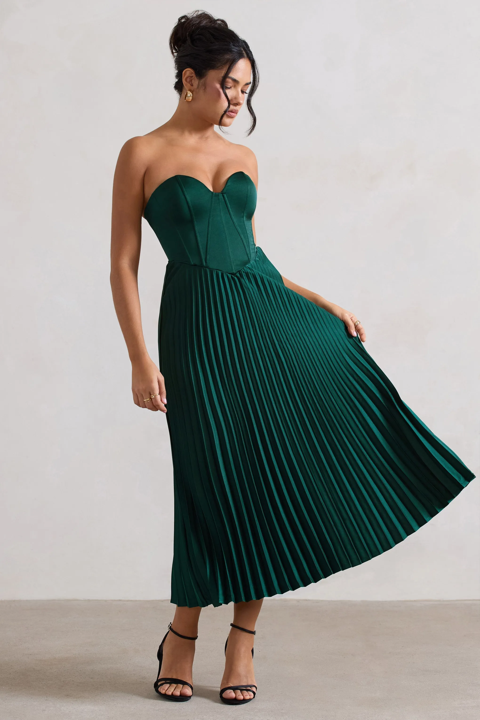 Bordeaux | Green Satin Corset Style Midi Dress sold by Club L London