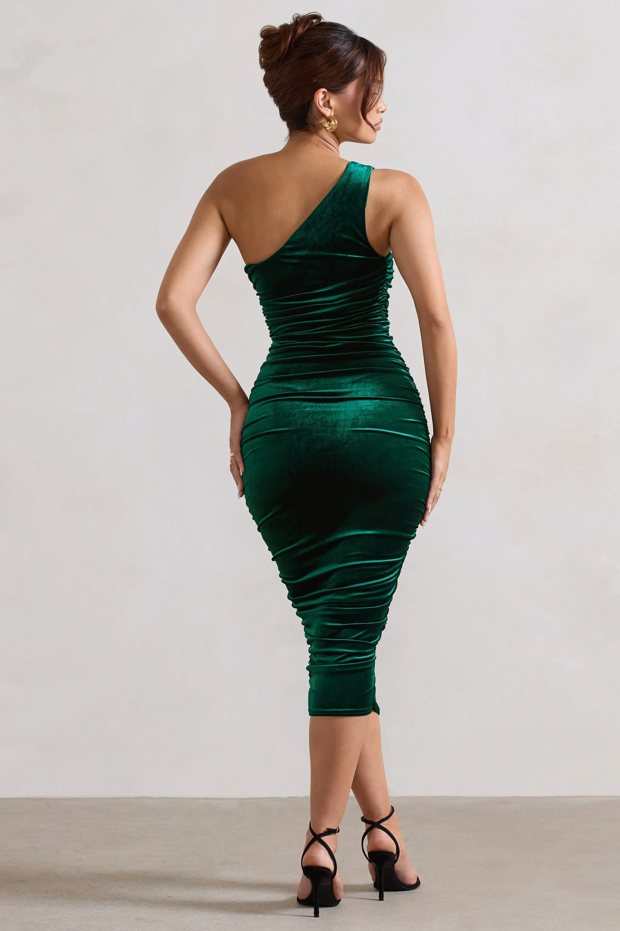 Back For More | Bottle Green Velvet One Shoulder Ruched Midi Dress sold by Club L London product image thumbnail 2