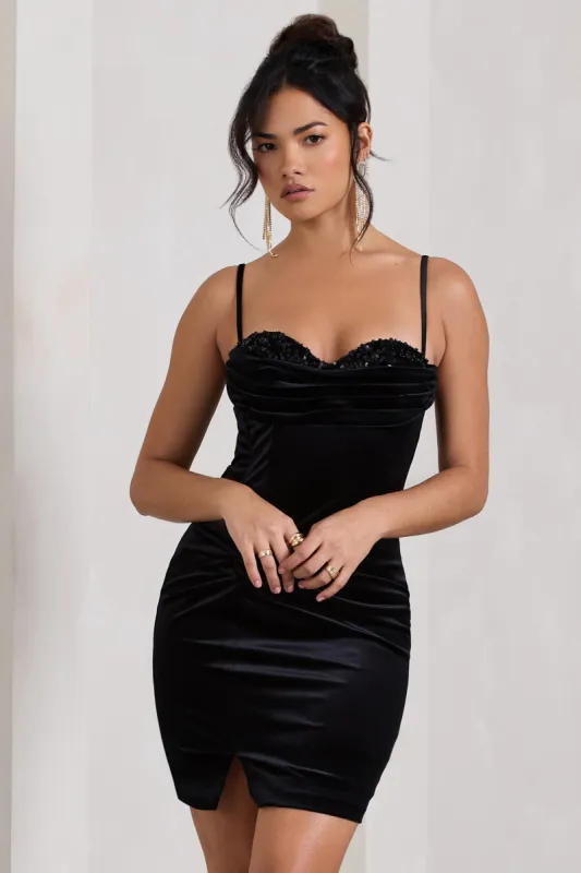 Starstruck | Black Velvet Strappy Corset Mini Dress sold by Club L London