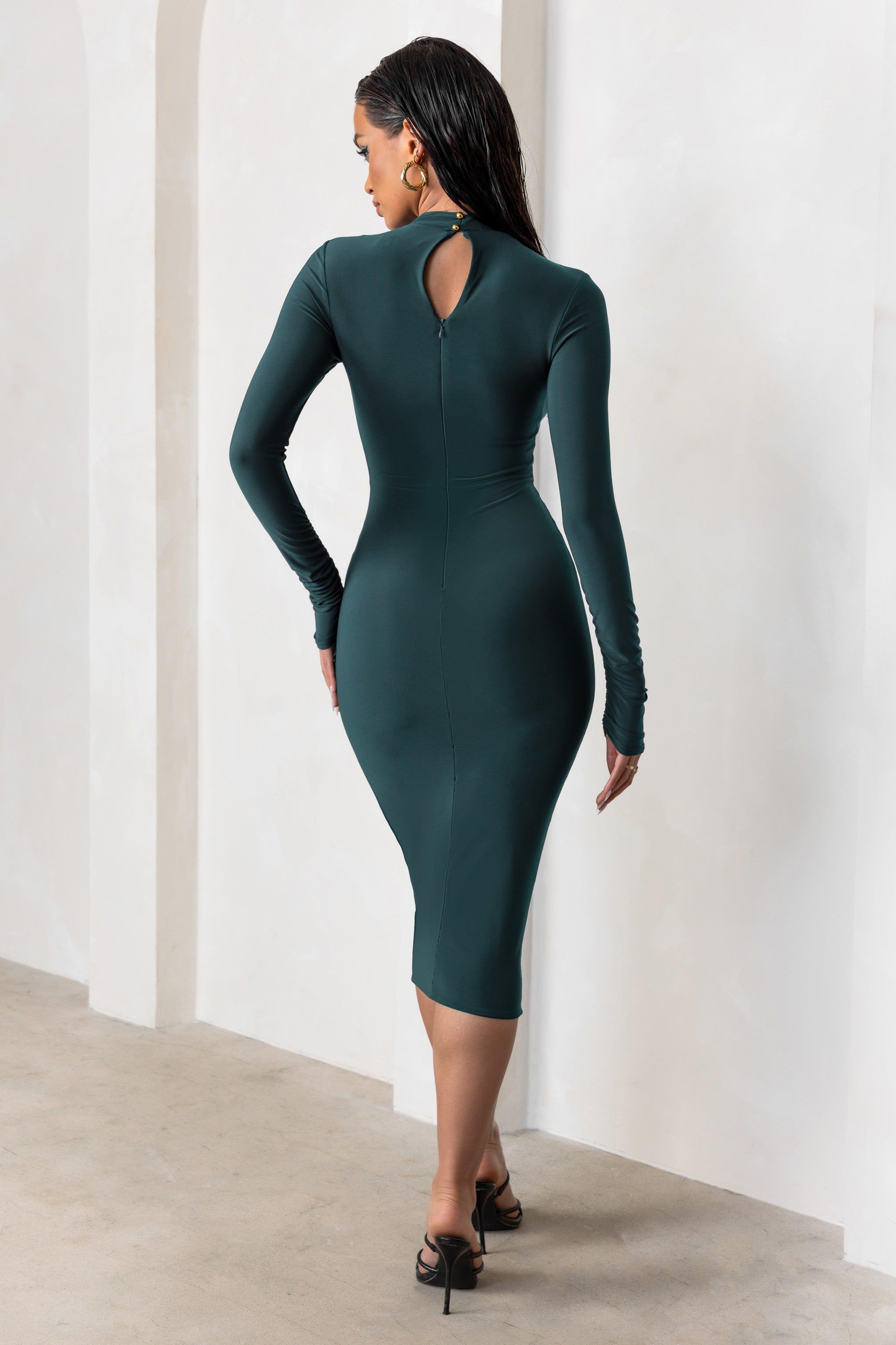 Endless Shapes | Bottle Green High Neck Long Sleeves Midi Dress With Skirt Twist Detail sold by Club L London product image thumbnail 2