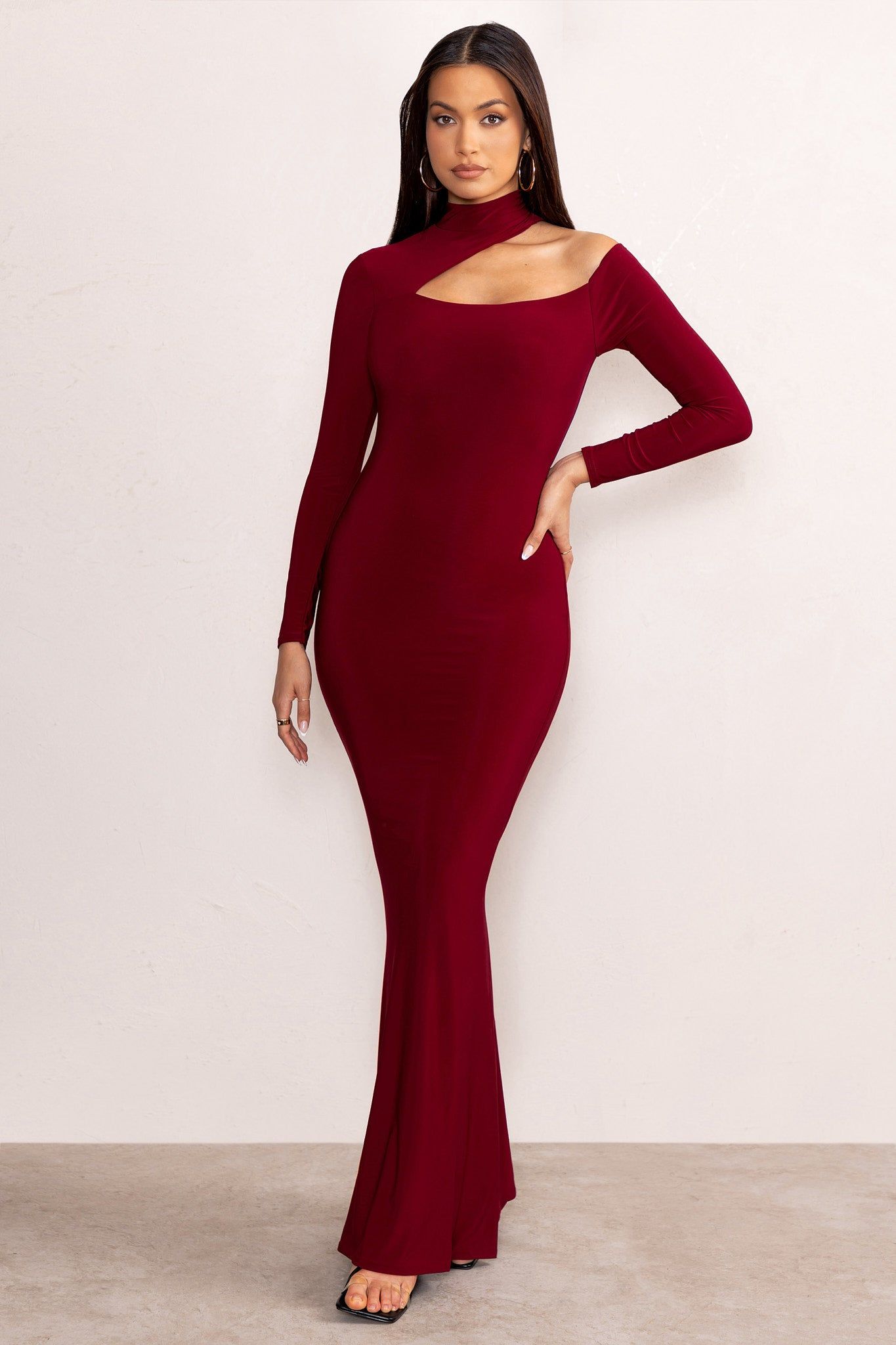 Farrah | Berry High Neck Maxi Dress with Cut-Out Neckline sold by Club L London product image thumbnail 5