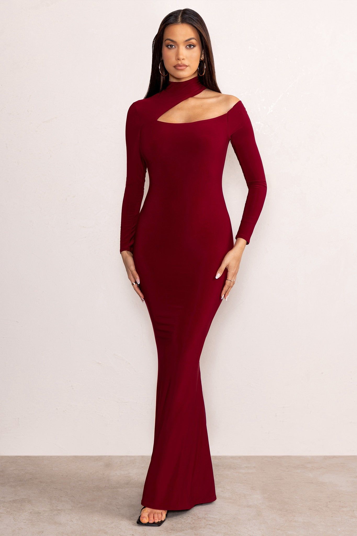 Farrah | Berry High Neck Maxi Dress with Cut-Out Neckline sold by Club L London