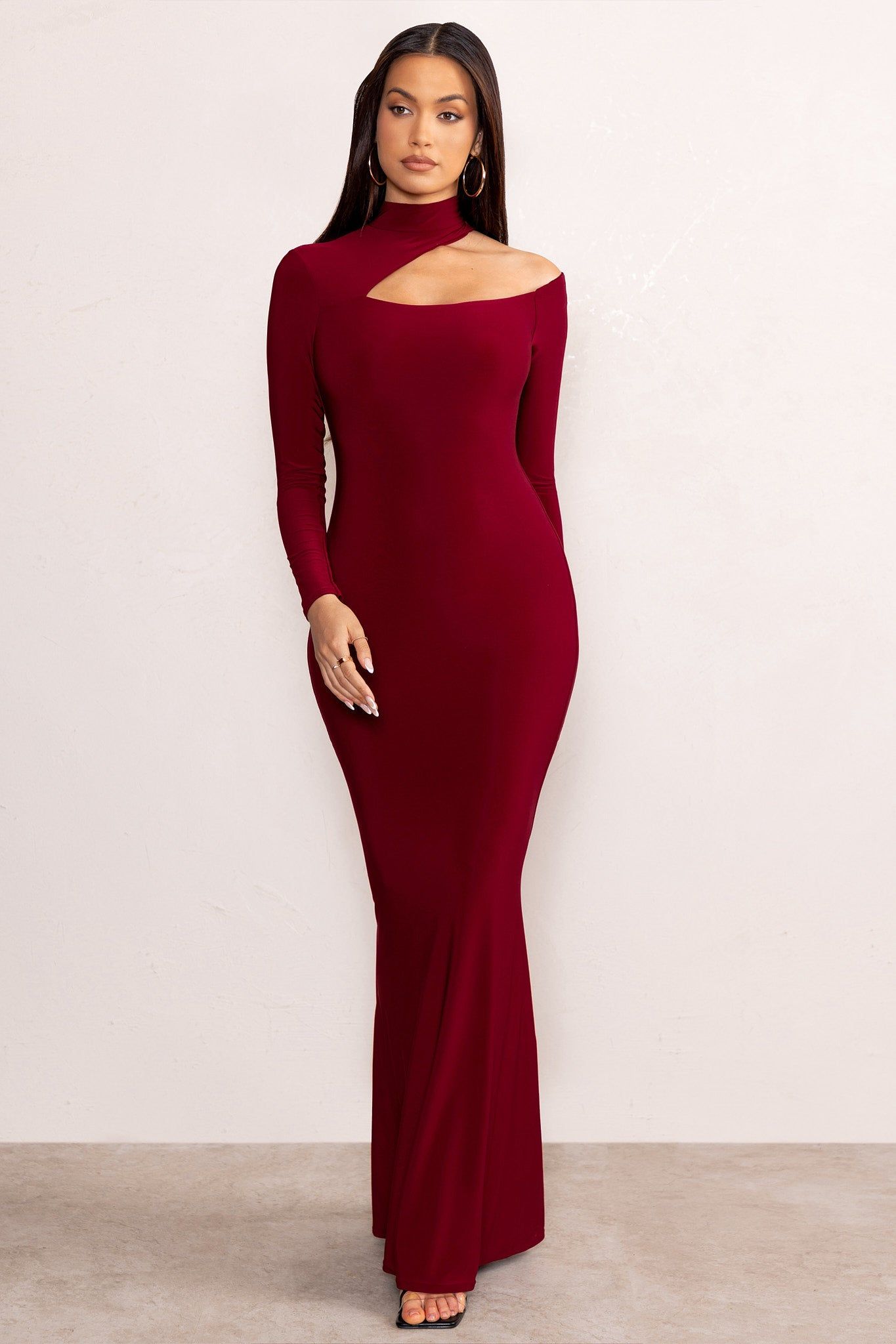 Farrah | Berry High Neck Maxi Dress with Cut-Out Neckline sold by Club L London product image thumbnail 4