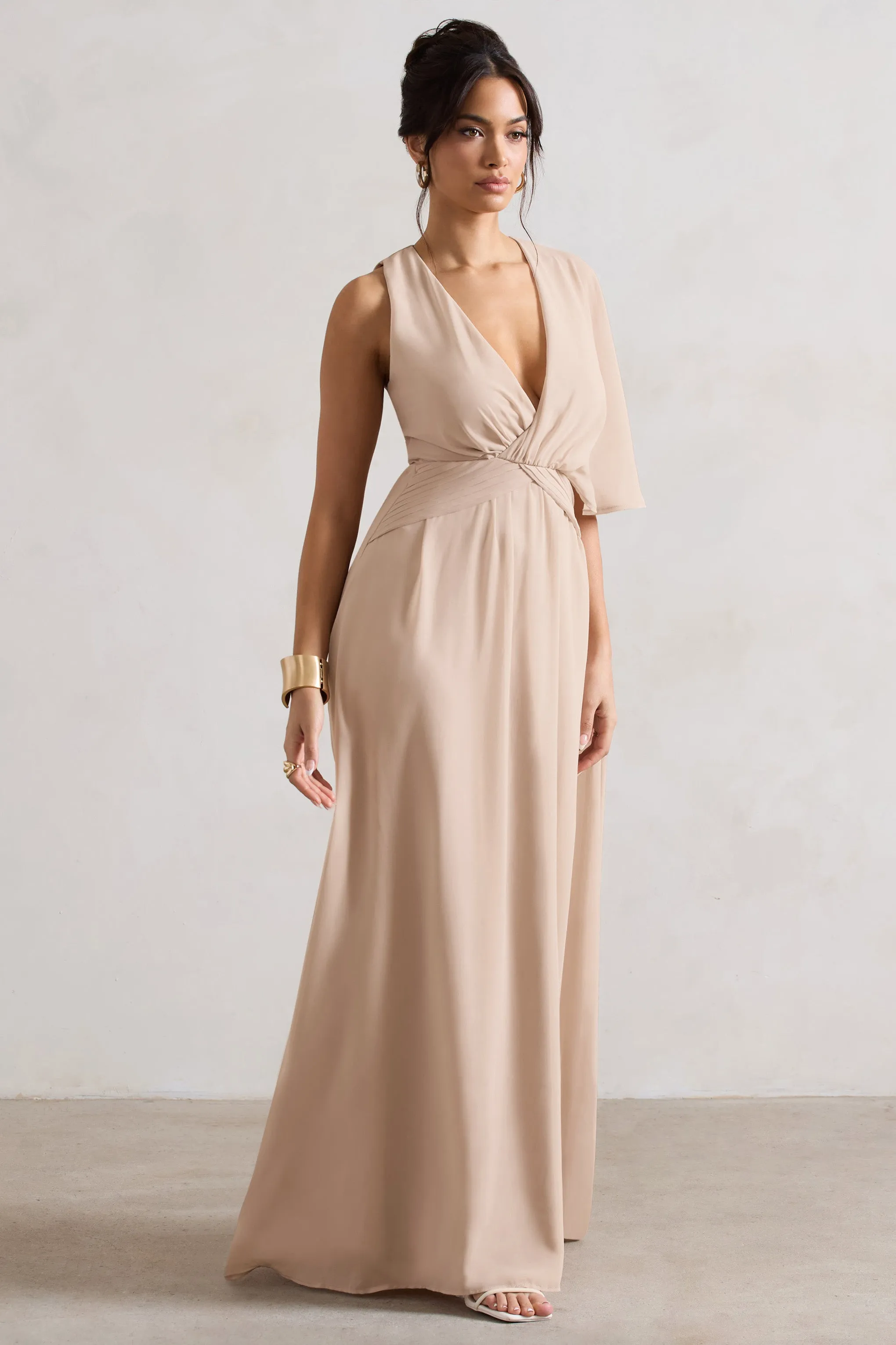 Fairytale | Champagne Plunge-Neck Chiffon Maxi Dress With Cape Sleeve sold by Club L London product image thumbnail 5