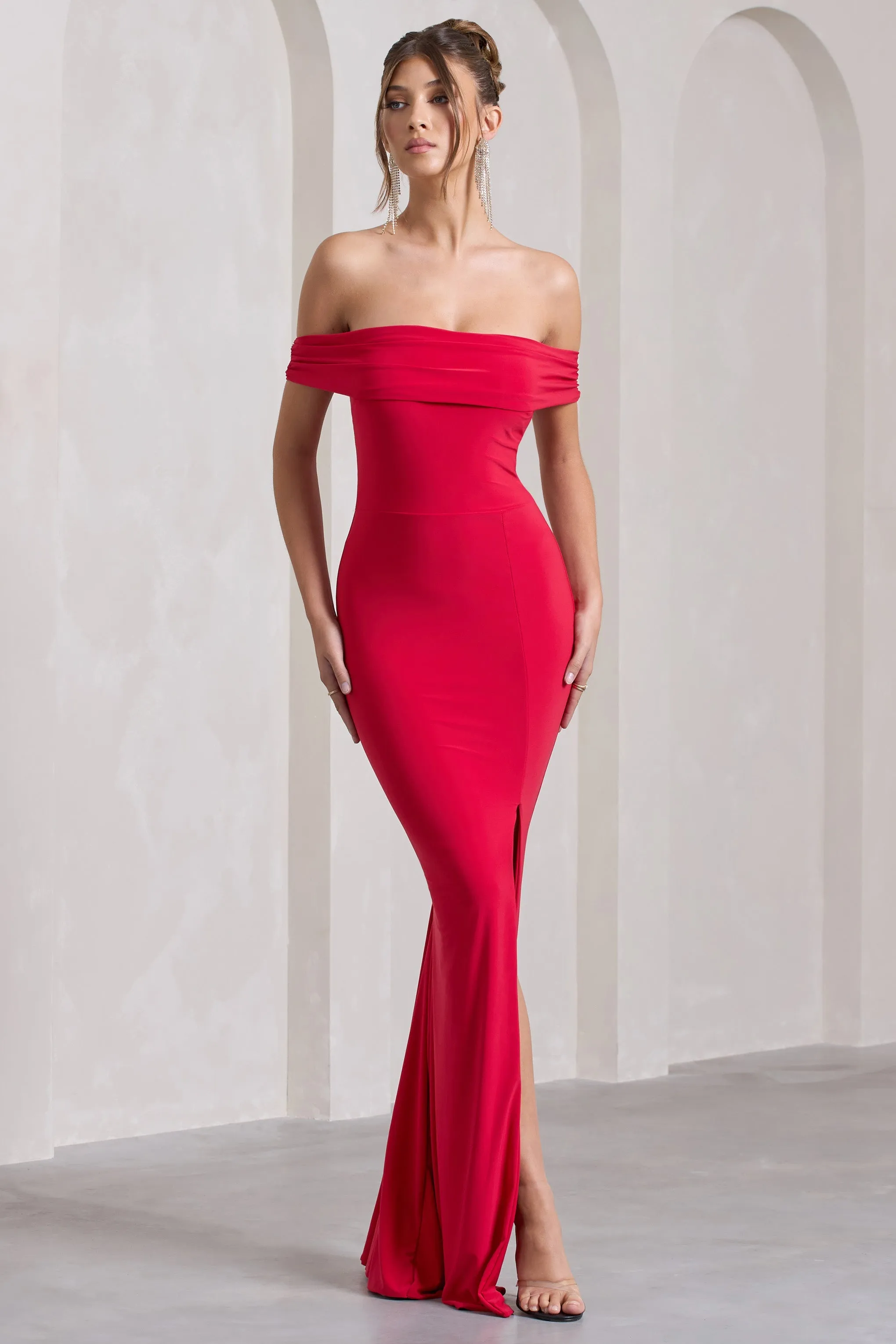Law of Attraction | Red Bardot Draped Split Maxi Dress sold by Club L London product image thumbnail 4