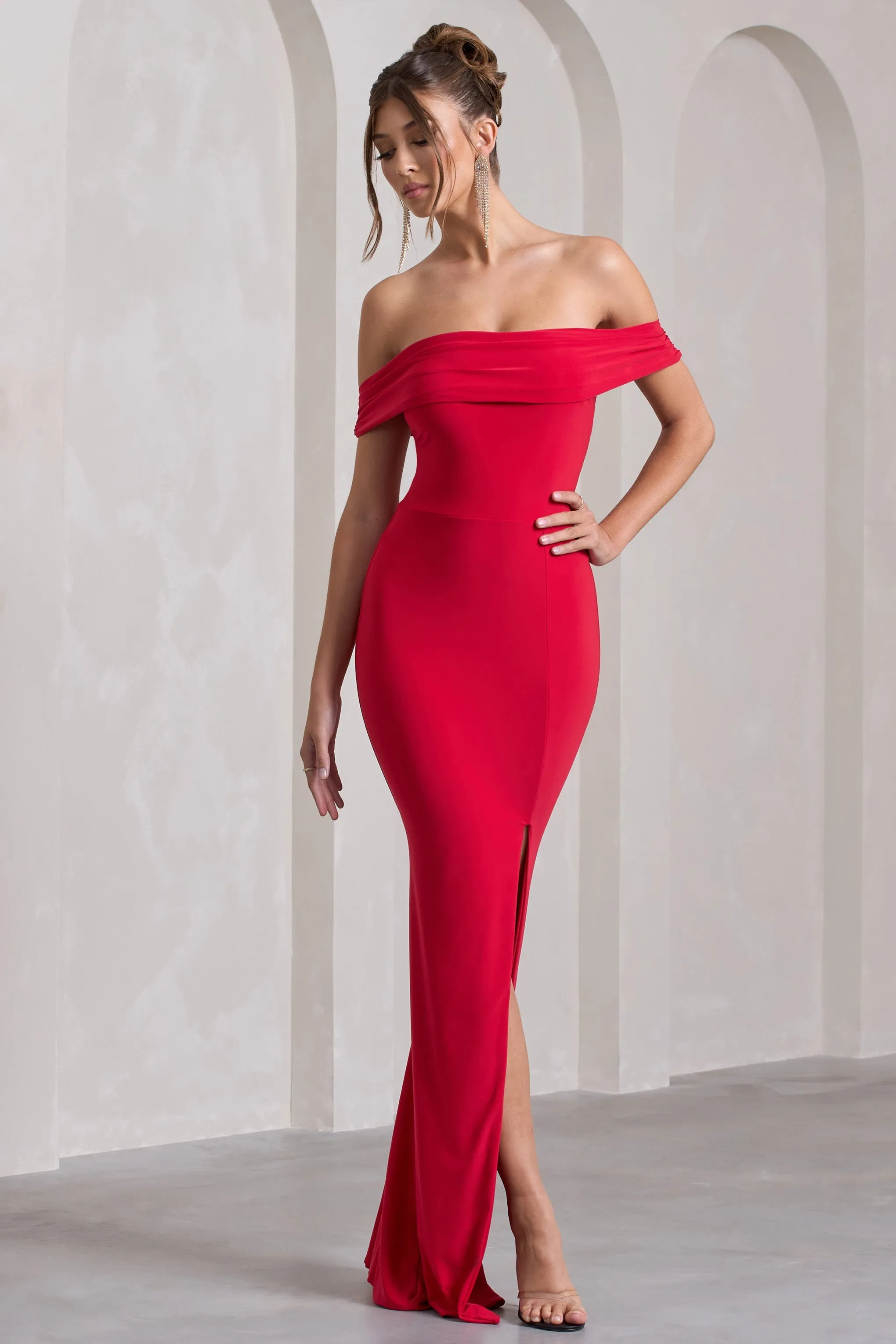 Law of Attraction | Red Bardot Draped Split Maxi Dress sold by Club L London product image thumbnail 3
