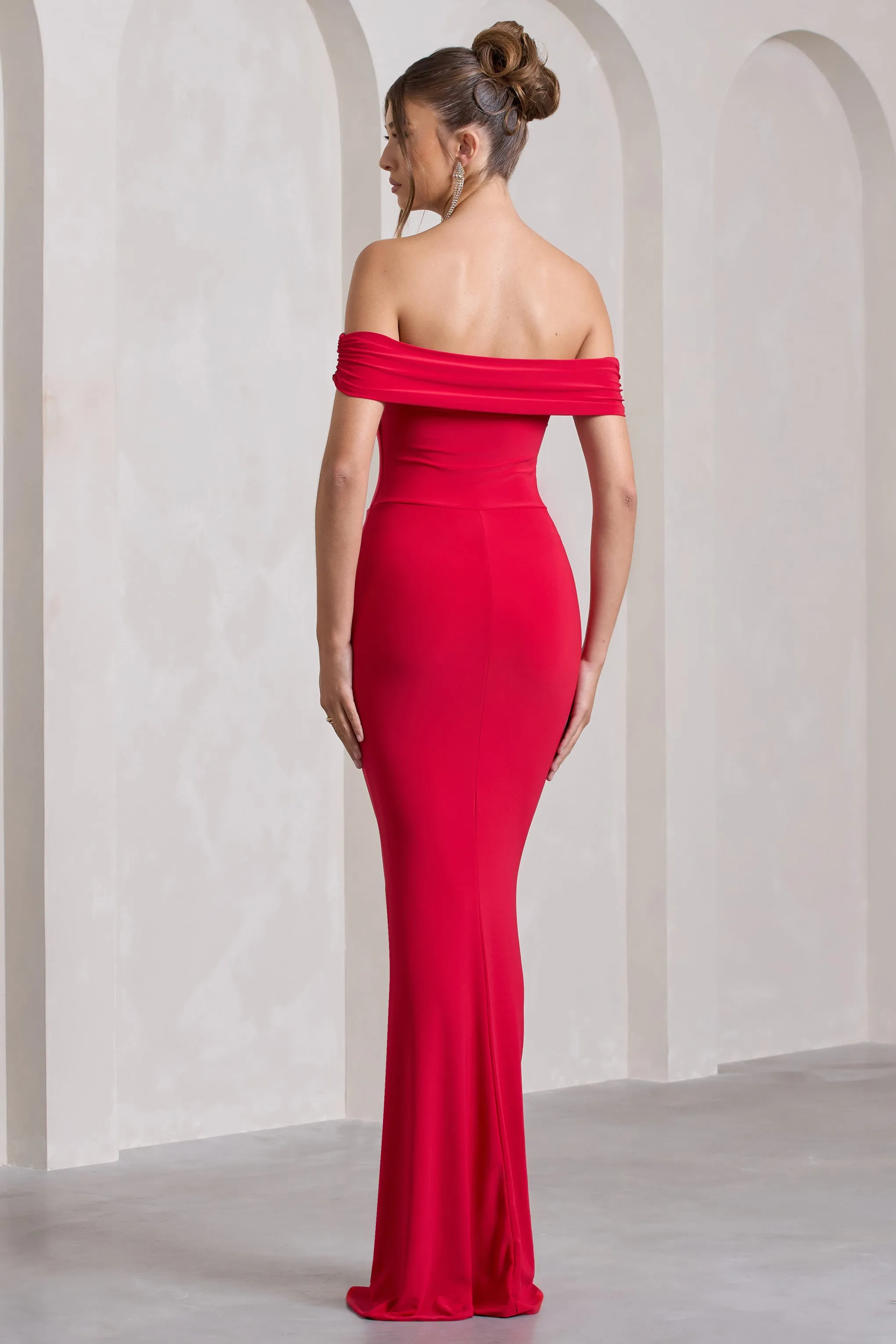 Law of Attraction | Red Bardot Draped Split Maxi Dress sold by Club L London product image thumbnail 2