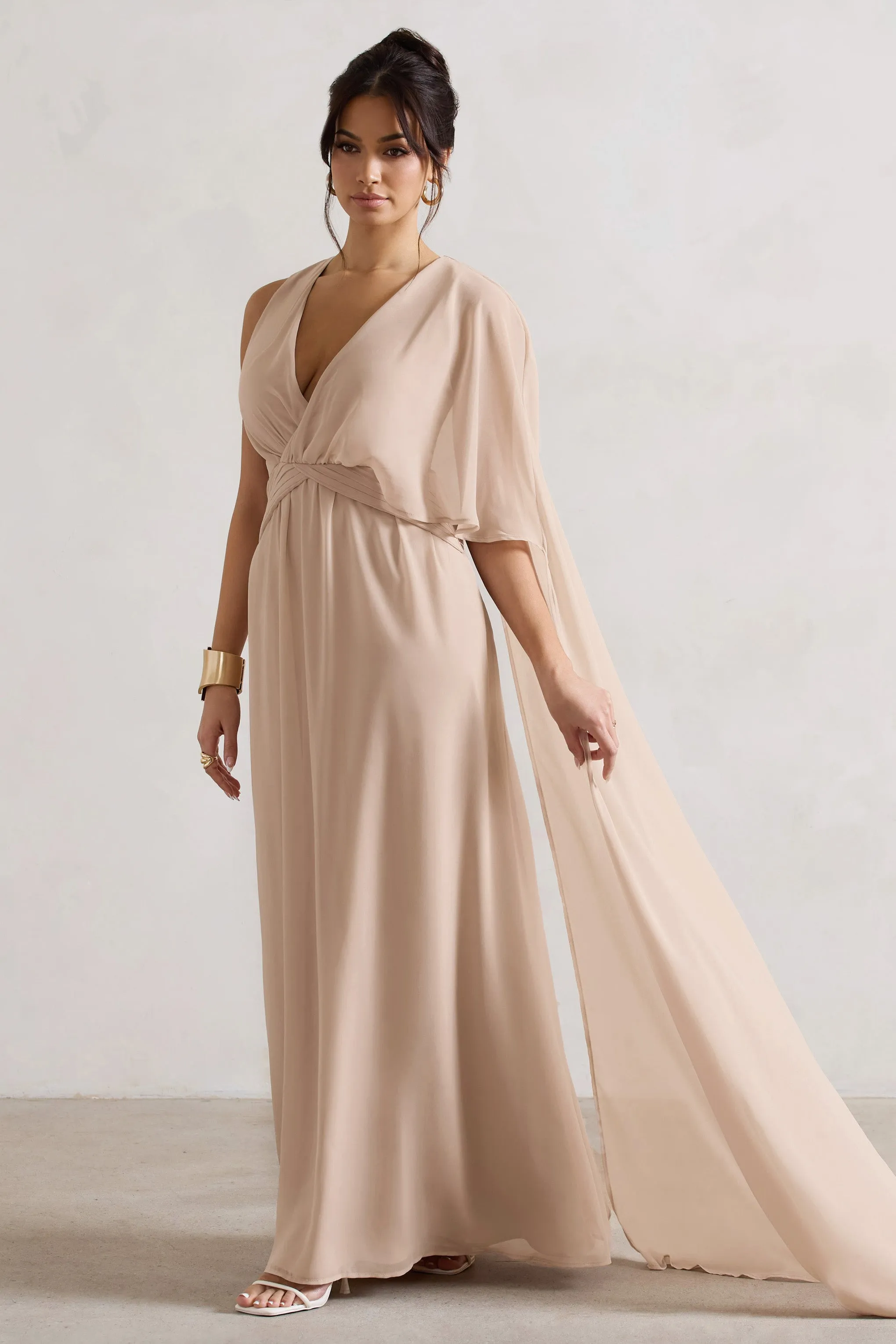 Fairytale | Champagne Plunge-Neck Chiffon Maxi Dress With Cape Sleeve sold by Club L London product image thumbnail 4