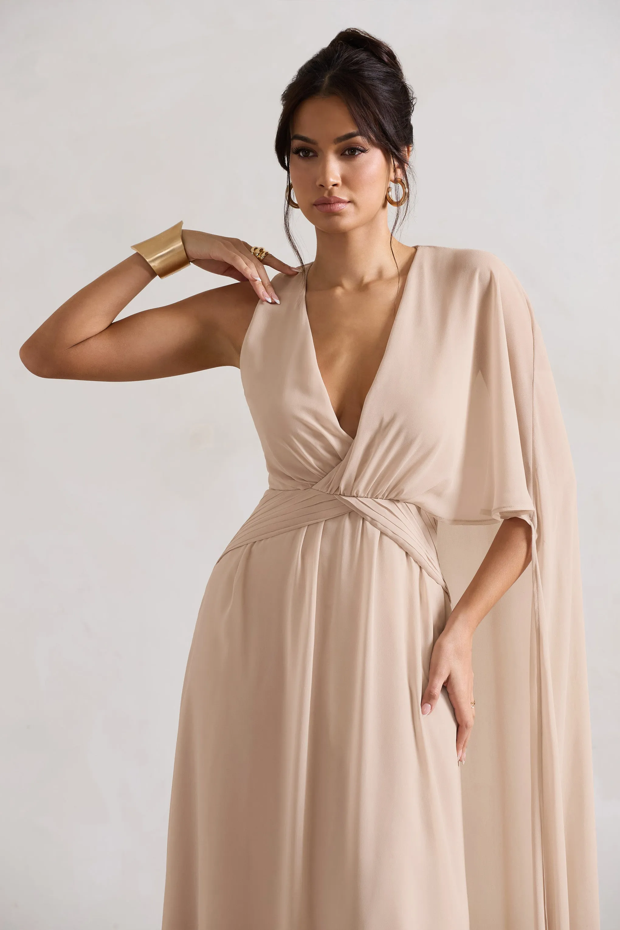 Fairytale | Champagne Plunge-Neck Chiffon Maxi Dress With Cape Sleeve sold by Club L London product image thumbnail 3