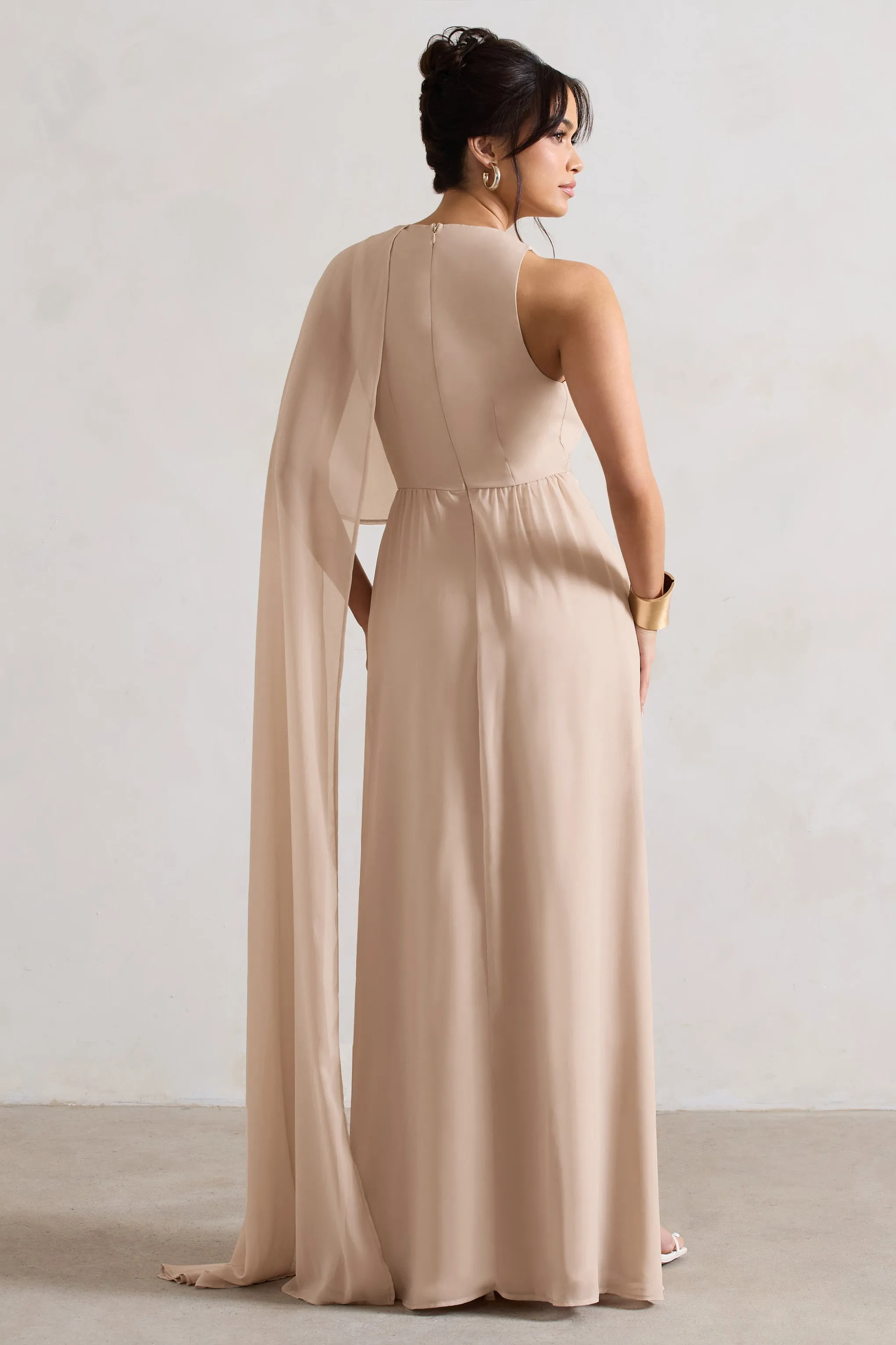 Fairytale | Champagne Plunge-Neck Chiffon Maxi Dress With Cape Sleeve sold by Club L London product image thumbnail 2