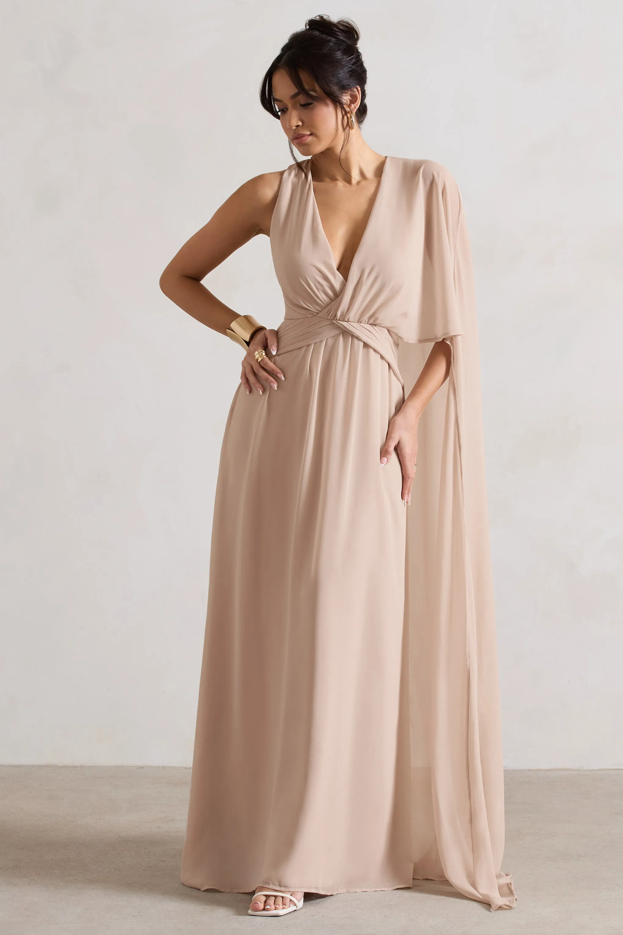 Fairytale | Champagne Plunge-Neck Chiffon Maxi Dress With Cape Sleeve sold by Club L London