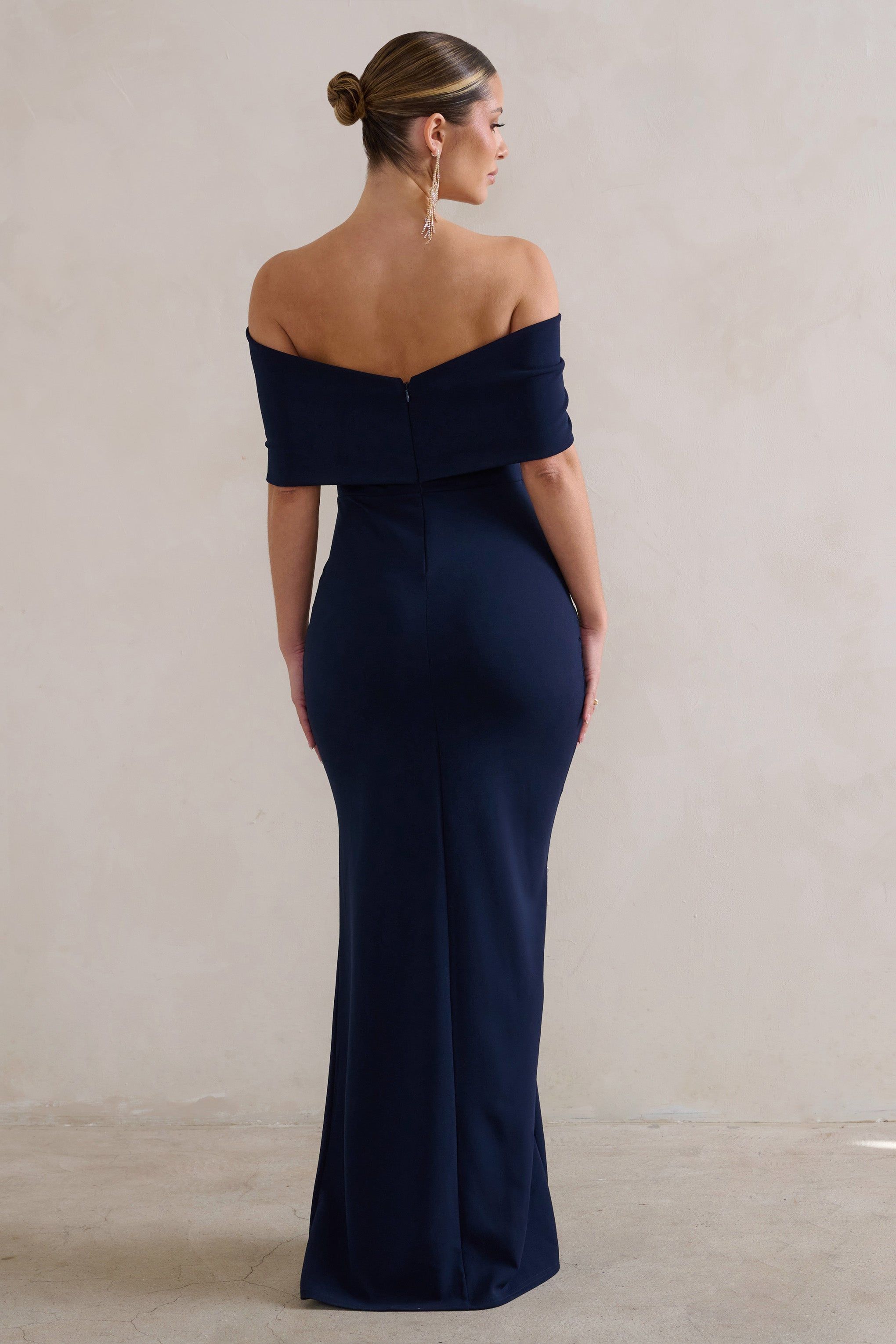 Eva | Navy Bardot Bow Detail Maxi Dress With Thigh Split sold by Club L London product image thumbnail 2