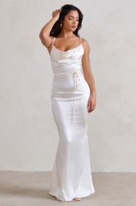 Lifetime | Ivory Satin Cowl Neck Maxi Dress With Cross Back Detail sold by Club L London