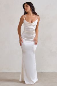 Lifetime | Ivory Satin Cowl Neck Maxi Dress With Cross Back Detail sold by Club L London