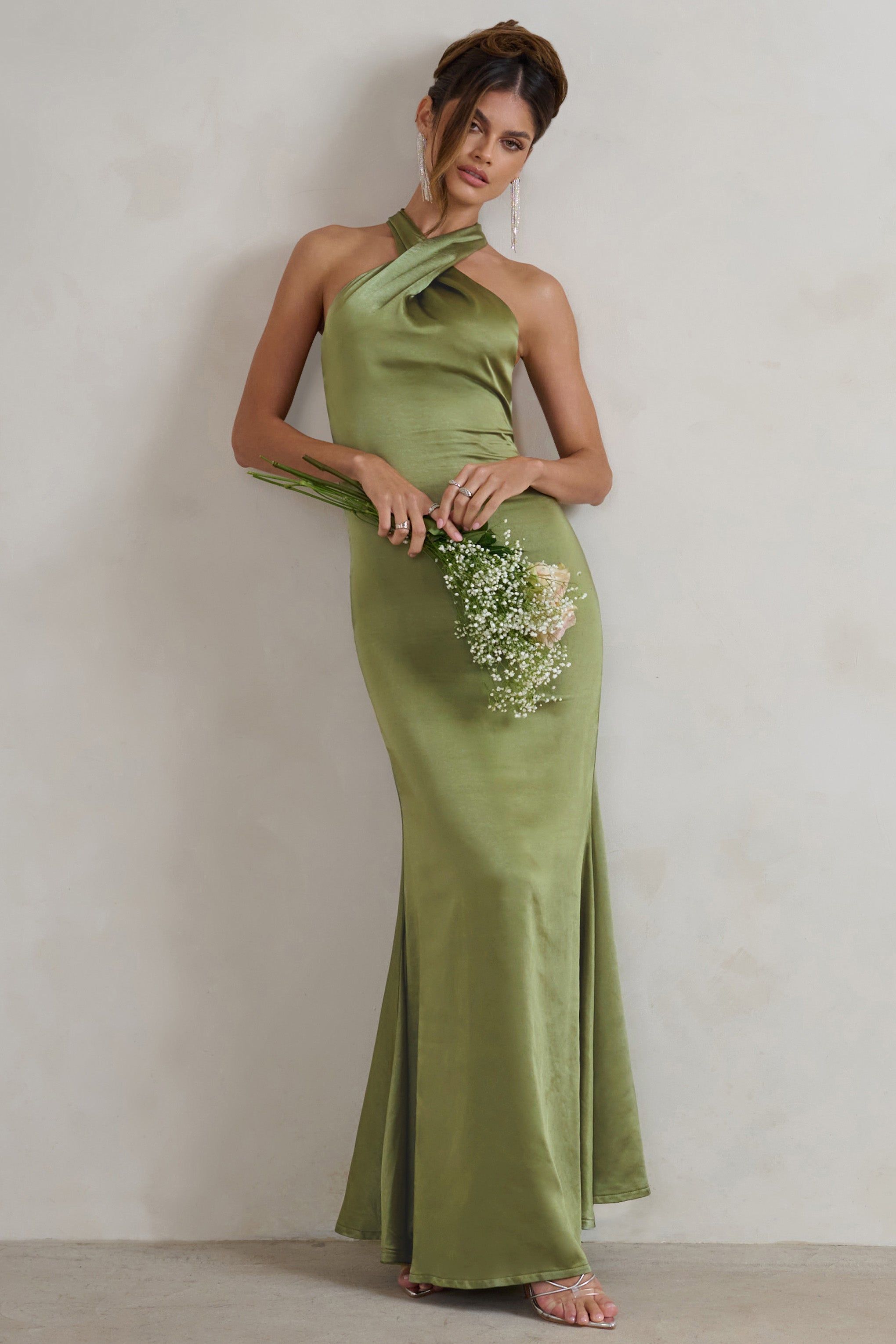 Unstoppable | Olive Green Satin Cross Over Halter Neck Maxi Dress sold by Club L London