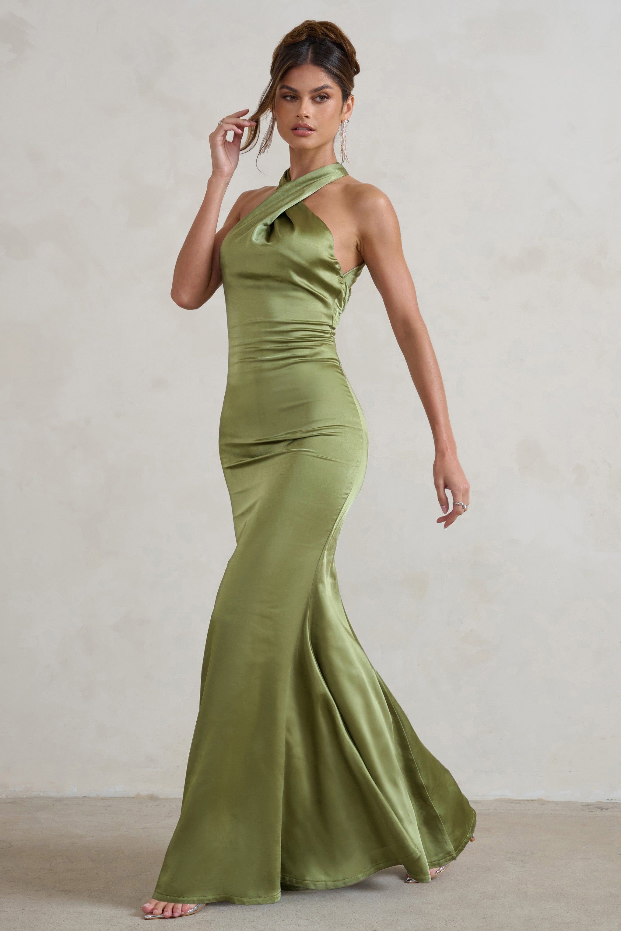 Unstoppable | Olive Green Satin Cross Over Halter Neck Maxi Dress sold by Club L London product image thumbnail 6