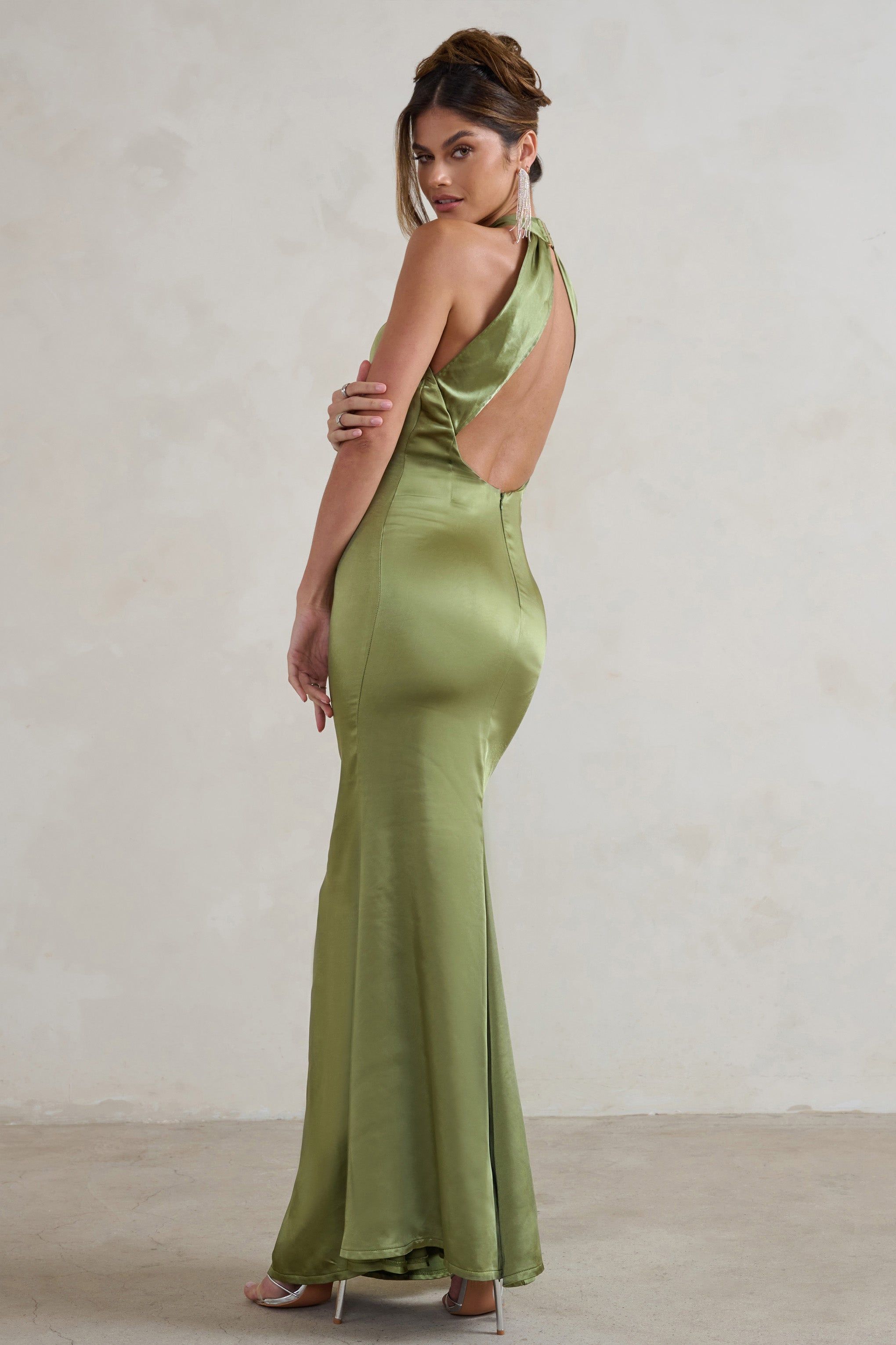 Unstoppable | Olive Green Satin Cross Over Halter Neck Maxi Dress sold by Club L London product image thumbnail 2