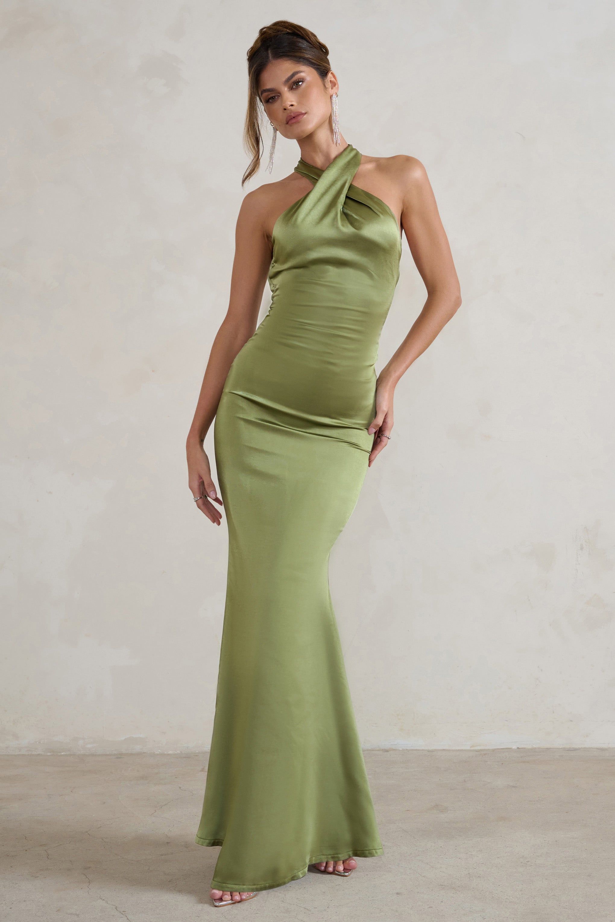 Unstoppable | Olive Green Satin Cross Over Halter Neck Maxi Dress sold by Club L London product image thumbnail 5
