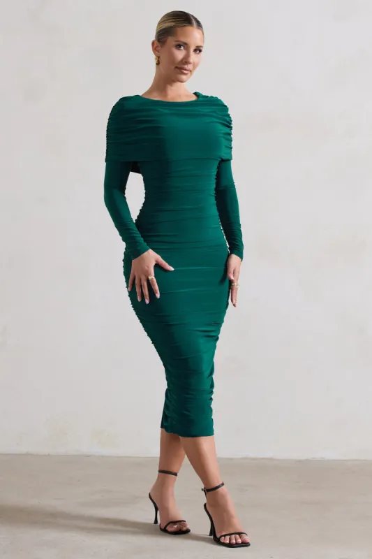 Lea | Bottle Green Long Sleeve Ruched Midi Dress with Draped Bardot Overlay sold by Club L London