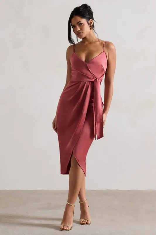 Sabela | Rose Pink Satin Wrap Midi Dress With Knot Detail sold by Club L London