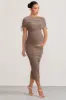 Roxanne | Mocha Ruched Bardot Maternity Midi Dress sold by Club L London