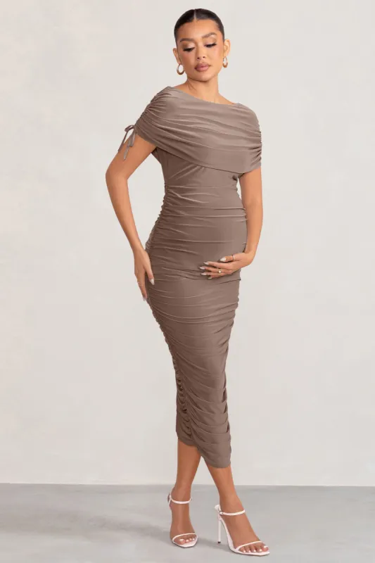 Roxanne | Mocha Ruched Bardot Maternity Midi Dress sold by Club L London