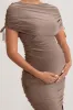 Roxanne | Mocha Ruched Bardot Maternity Midi Dress sold by Club L London