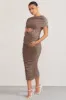 Roxanne | Mocha Ruched Bardot Maternity Midi Dress sold by Club L London