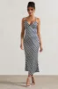 Aquarius | Navy Wave Print Satin Open-Back Midi Dress sold by Club L London