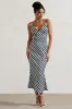 Aquarius | Navy Wave Print Satin Open-Back Midi Dress sold by Club L London