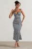 Aquarius | Navy Wave Print Satin Open-Back Midi Dress sold by Club L London