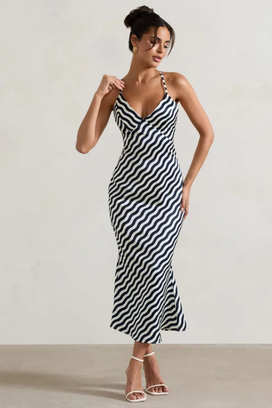 Aquarius | Navy Wave Print Satin Open-Back Midi Dress sold by Club L London
