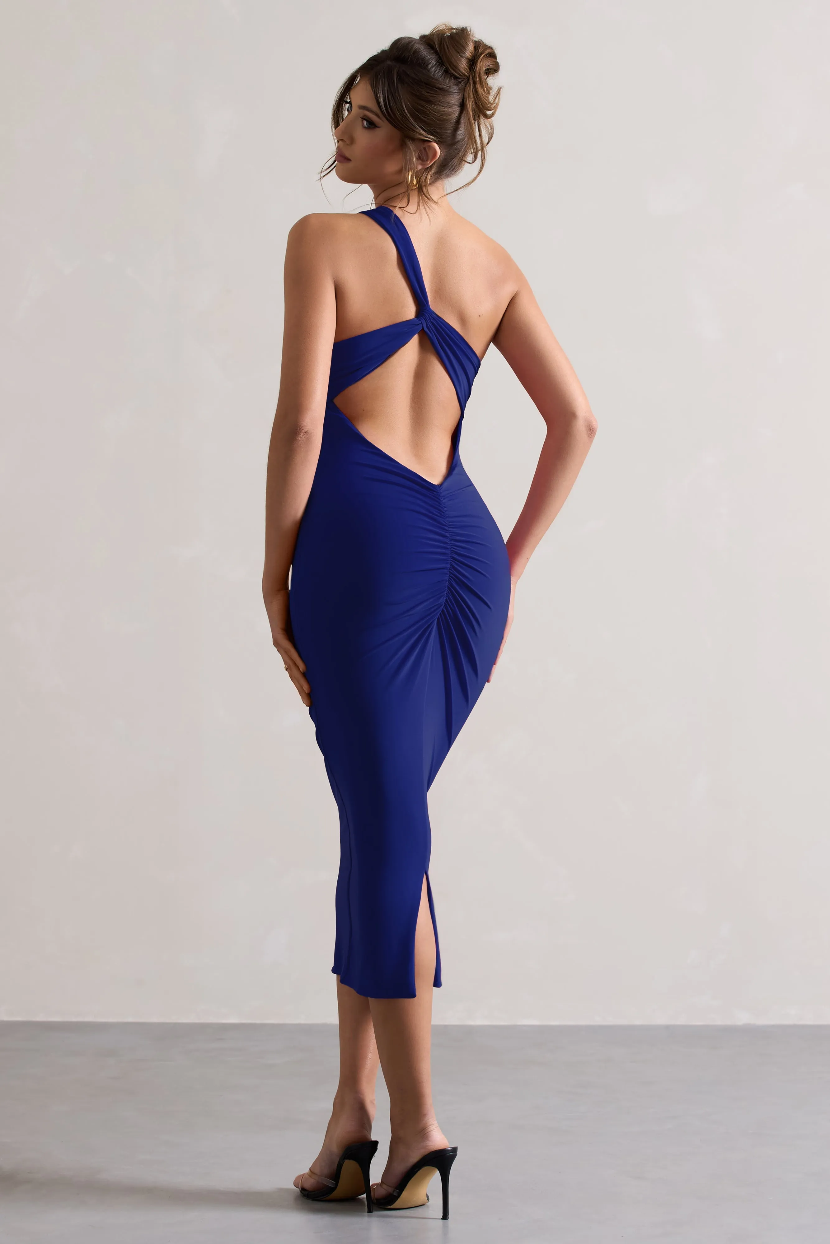 Vineyard | Cobalt Blue Asymmetric Backless Bodycon Midi Dress sold by Club L London