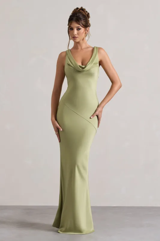 Alesso Light Olive Satin Cowl-Neck Maxi Dress Parallel