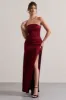 Confidence | Burgundy Satin Bandeau Pleated Split Maxi Dress sold by Club L London