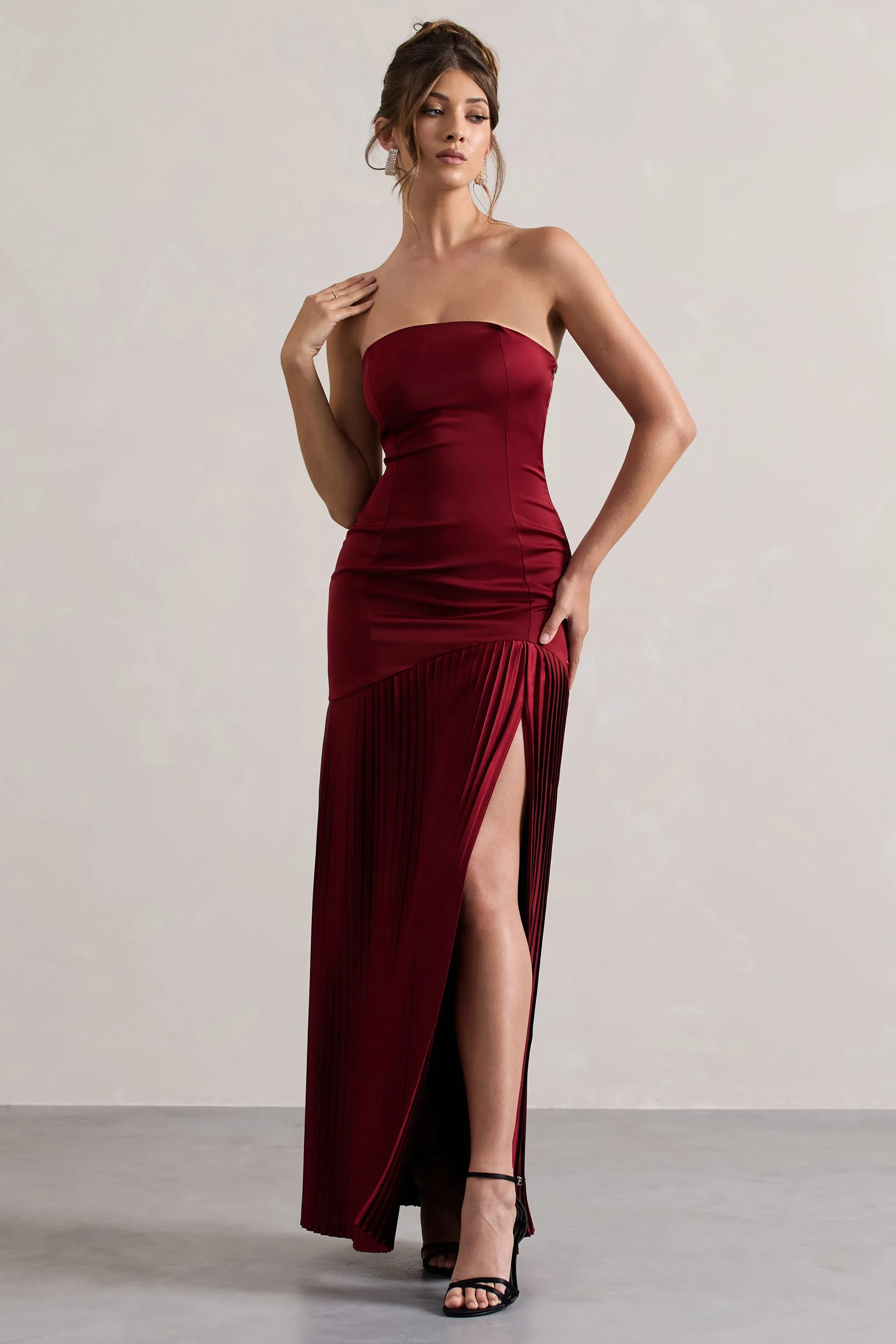 Confidence | Burgundy Satin Bandeau Pleated Split Maxi Dress sold by Club L London product image thumbnail 4