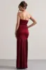 Confidence | Burgundy Satin Bandeau Pleated Split Maxi Dress sold by Club L London