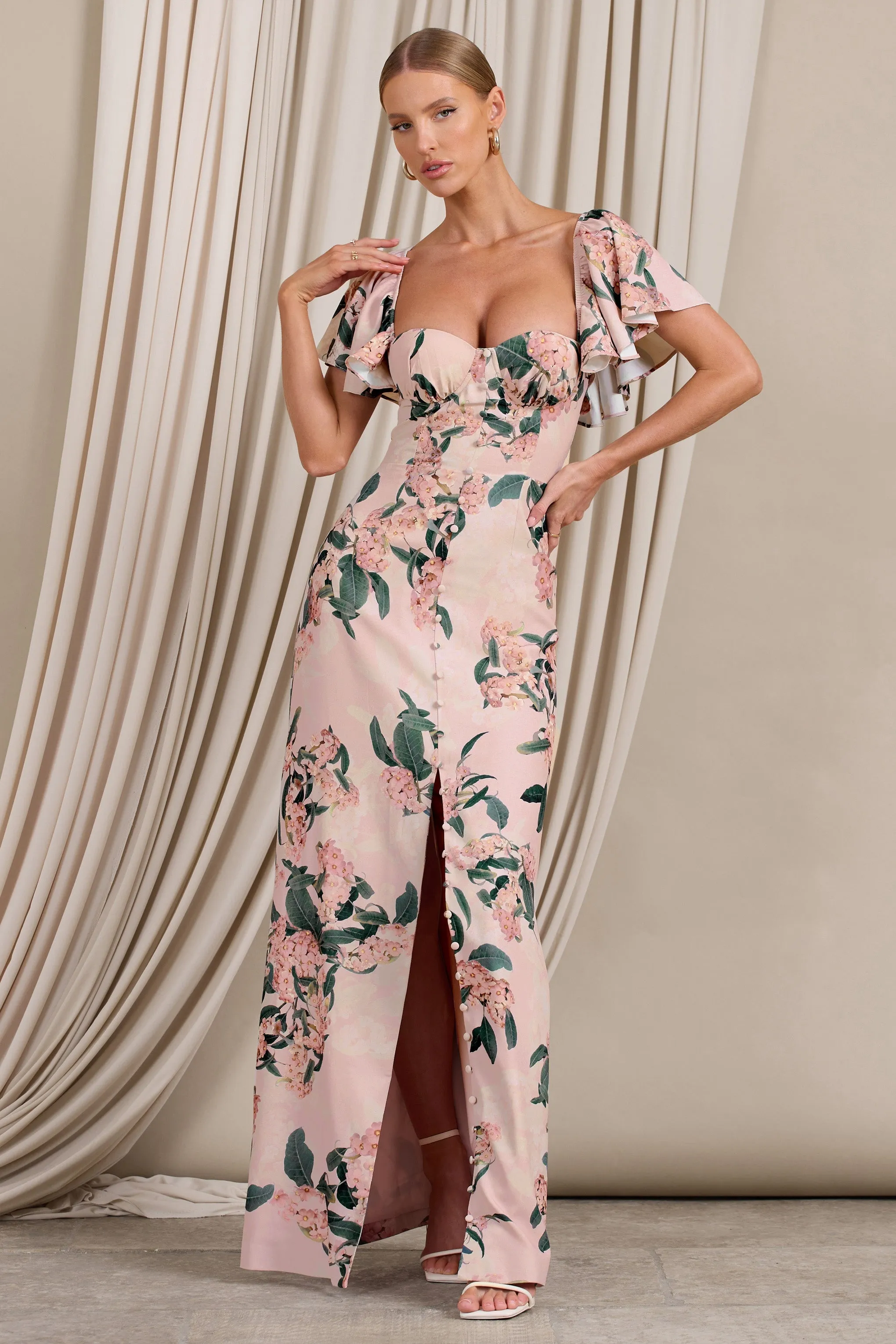 Signorina | Pink Floral Buttoned Maxi Dress With Flounced Short Sleeves sold by Club L London product image thumbnail 4