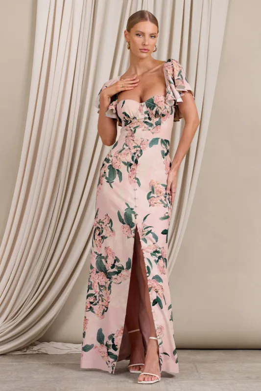 Signorina | Pink Floral Buttoned Maxi Dress With Flounced Short Sleeves sold by Club L London