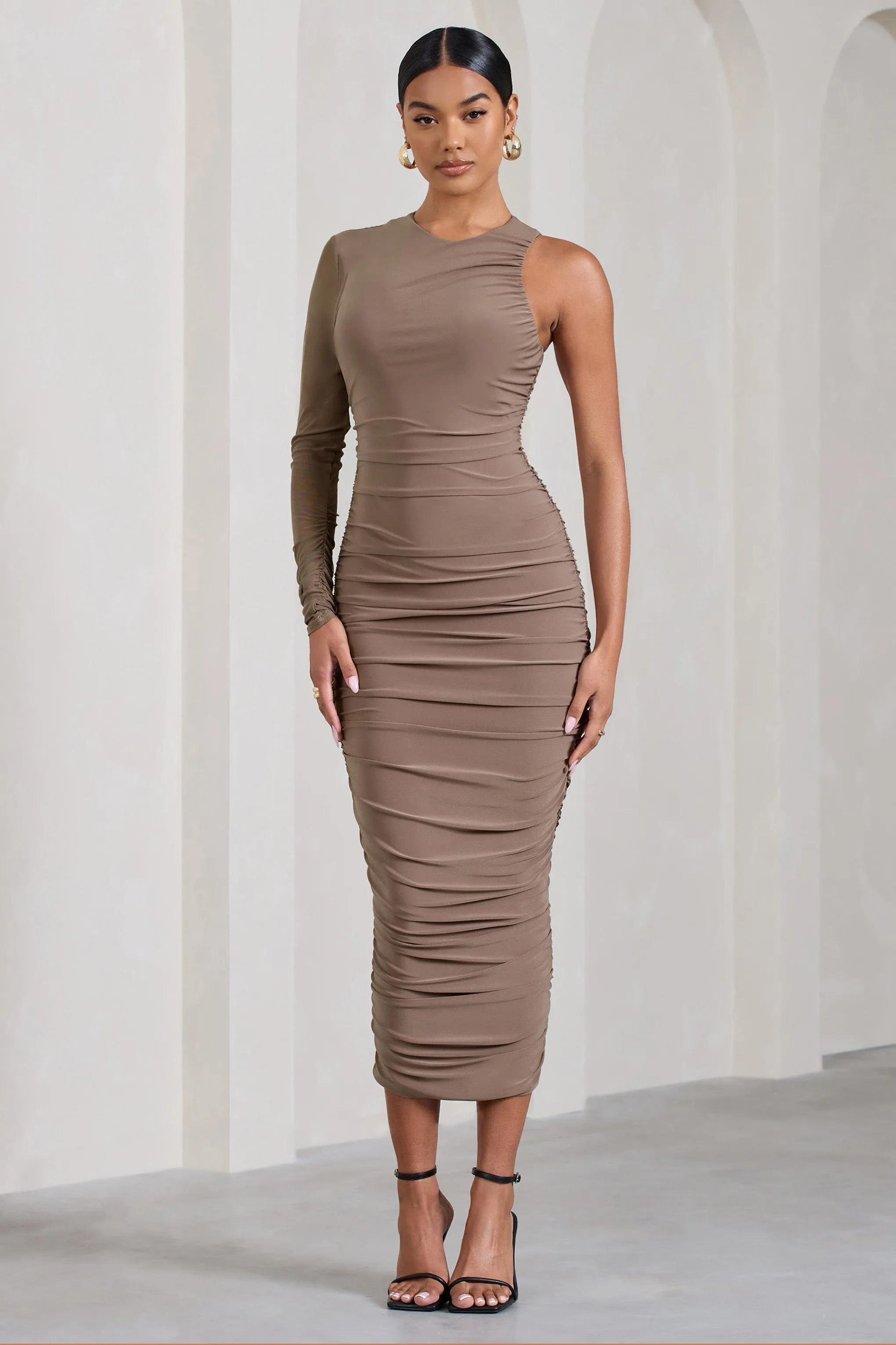 Luciene | Mocha Ruched Asymmetric Bodycon Midi Dress With Sheer Sleeve sold by Club L London product image thumbnail 4