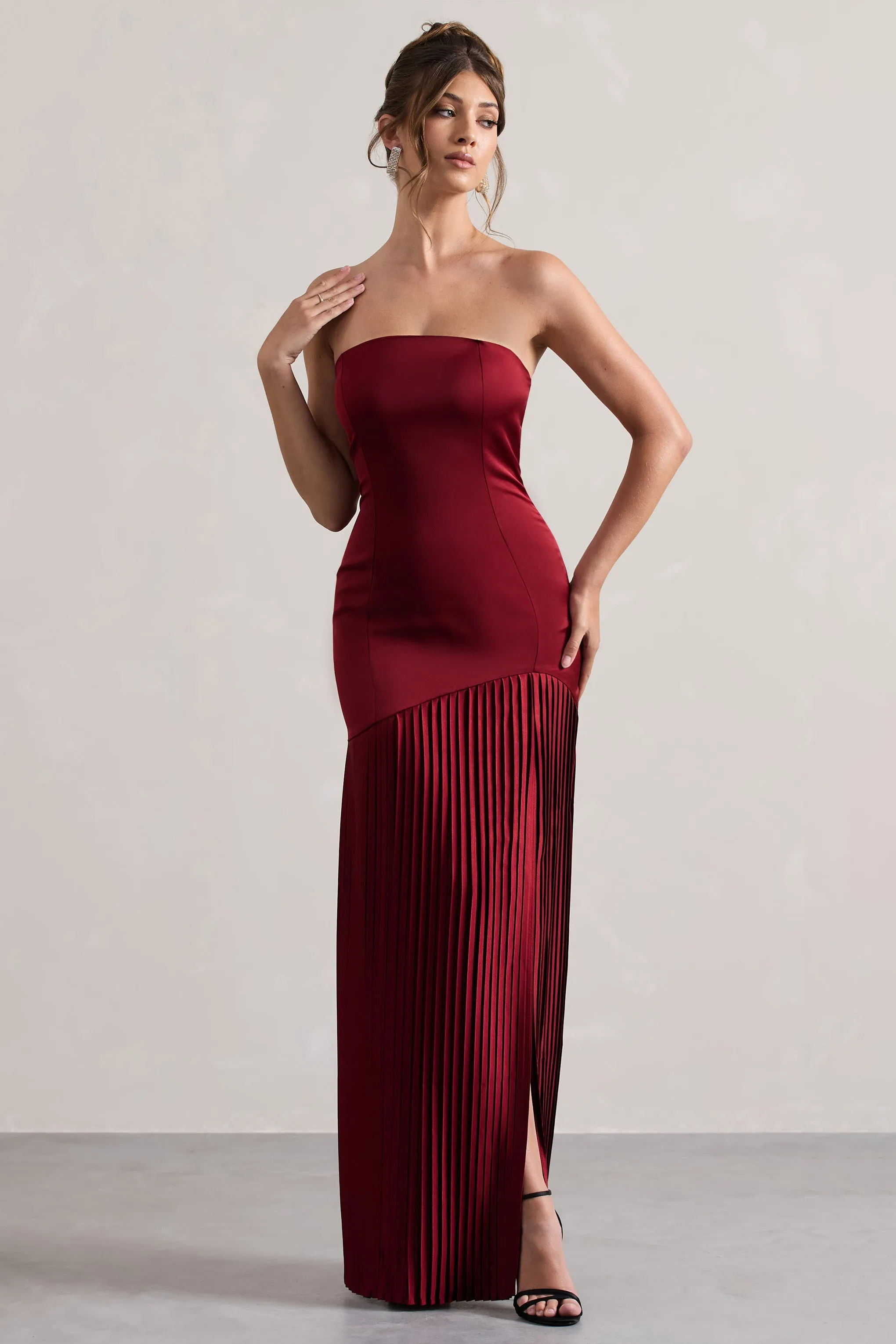 Confidence | Burgundy Satin Bandeau Pleated Split Maxi Dress sold by Club L London product image thumbnail 5