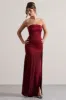 Confidence | Burgundy Satin Bandeau Pleated Split Maxi Dress sold by Club L London