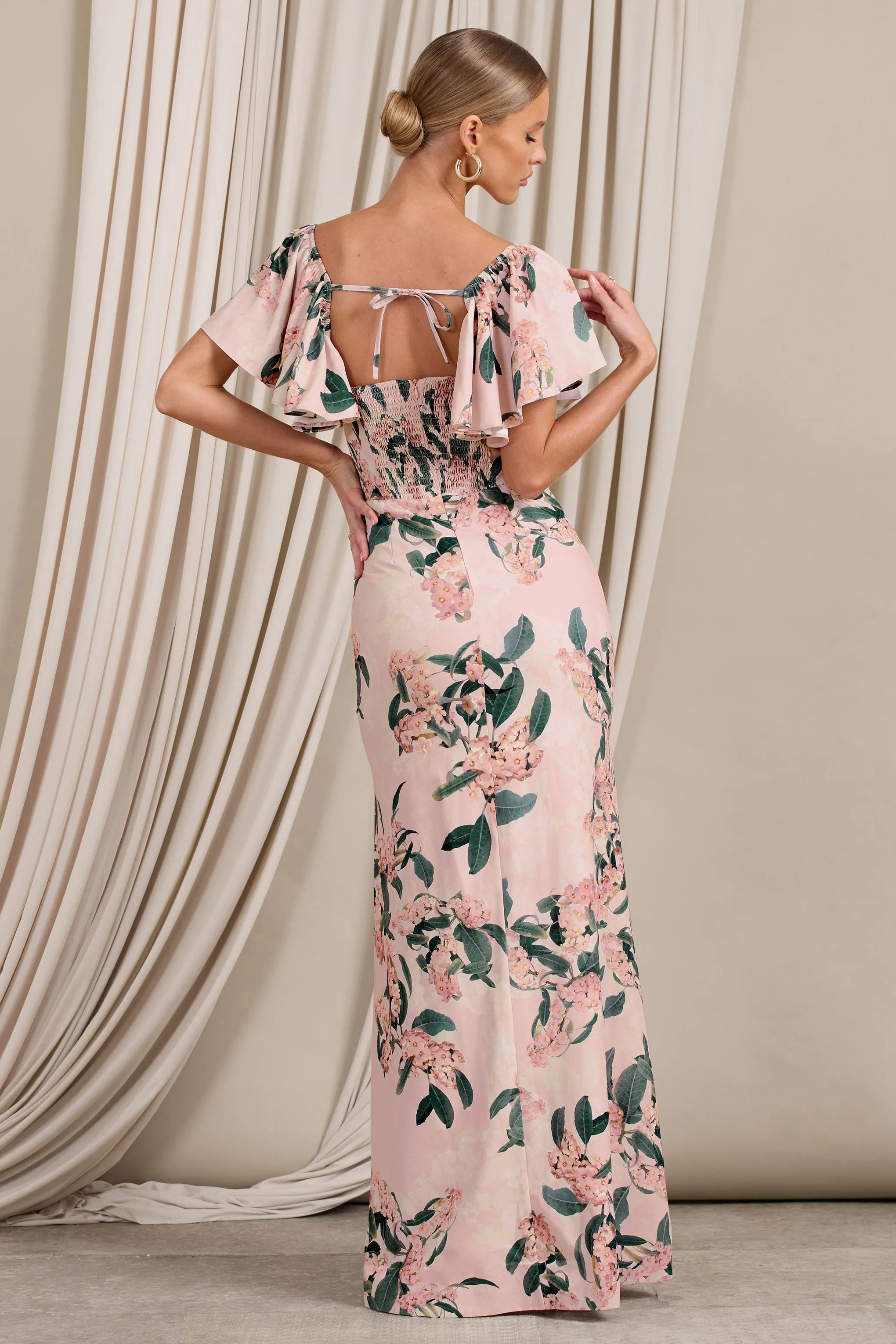 Signorina | Pink Floral Buttoned Maxi Dress With Flounced Short Sleeves sold by Club L London product image thumbnail 2
