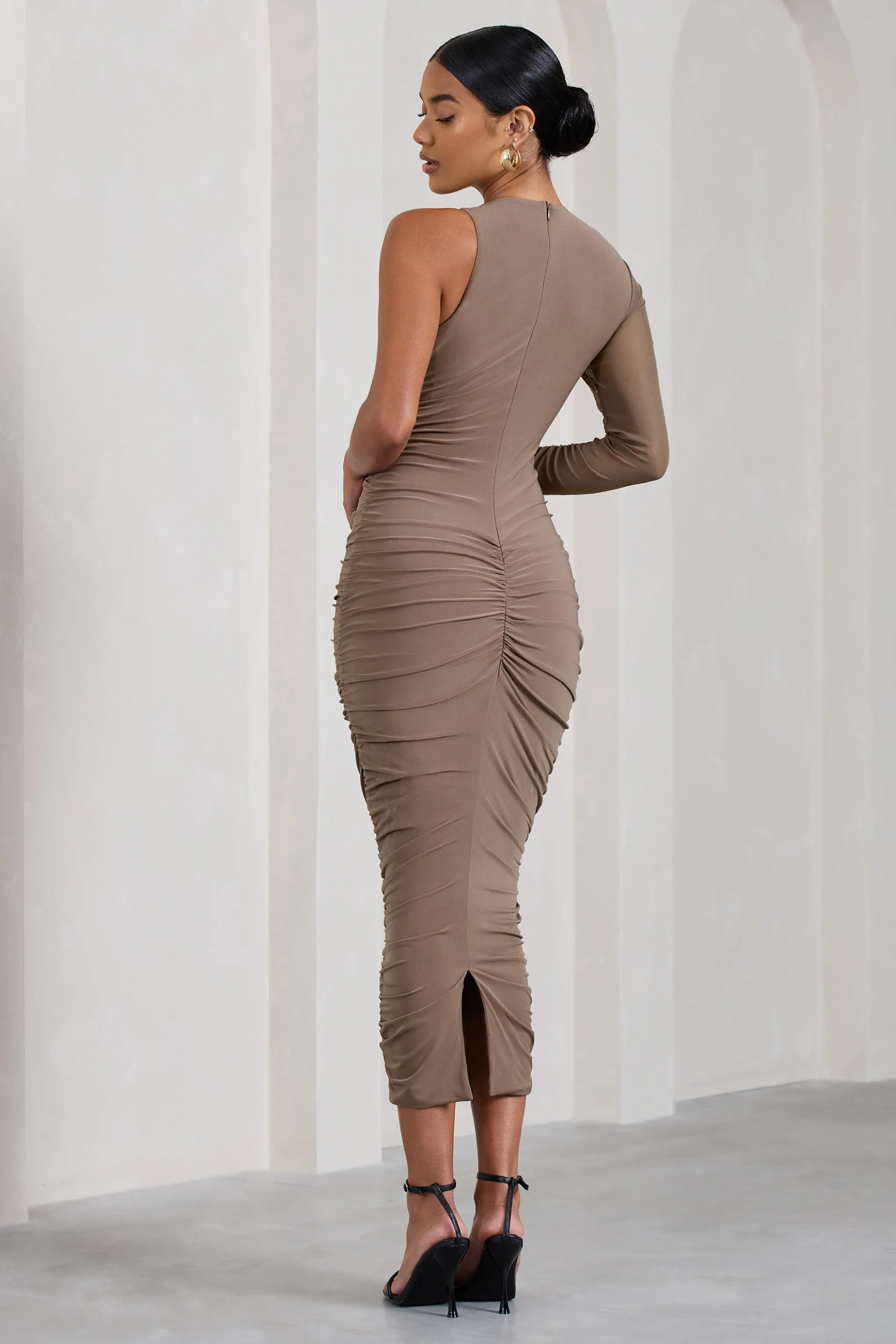 Luciene | Mocha Ruched Asymmetric Bodycon Midi Dress With Sheer Sleeve sold by Club L London product image thumbnail 2