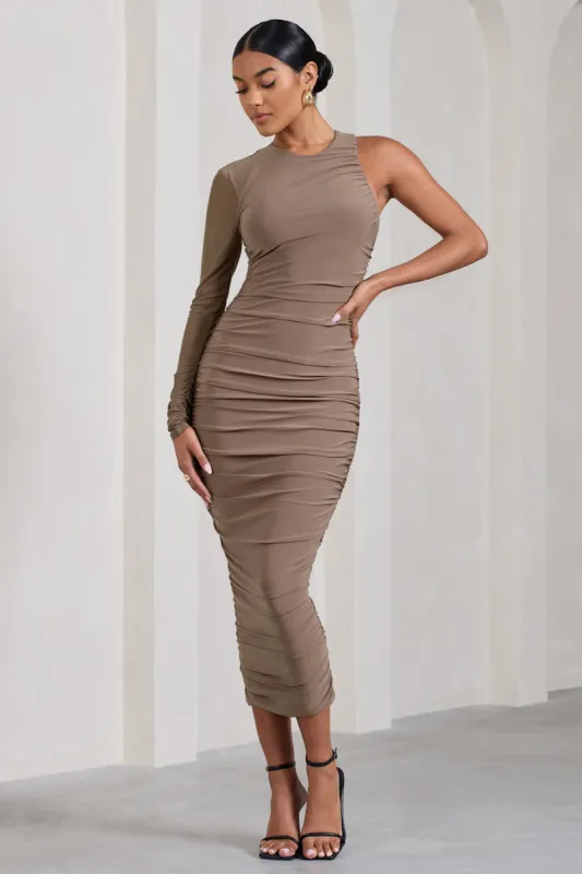 Luciene | Mocha Ruched Asymmetric Bodycon Midi Dress With Sheer Sleeve sold by Club L London