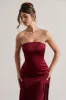 Confidence | Burgundy Satin Bandeau Pleated Split Maxi Dress sold by Club L London