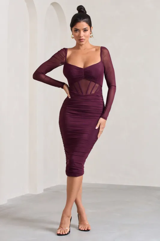 Abiba | Burgundy Ruched Mesh Corset Midi Dress With Long Sleeves sold by Club L London