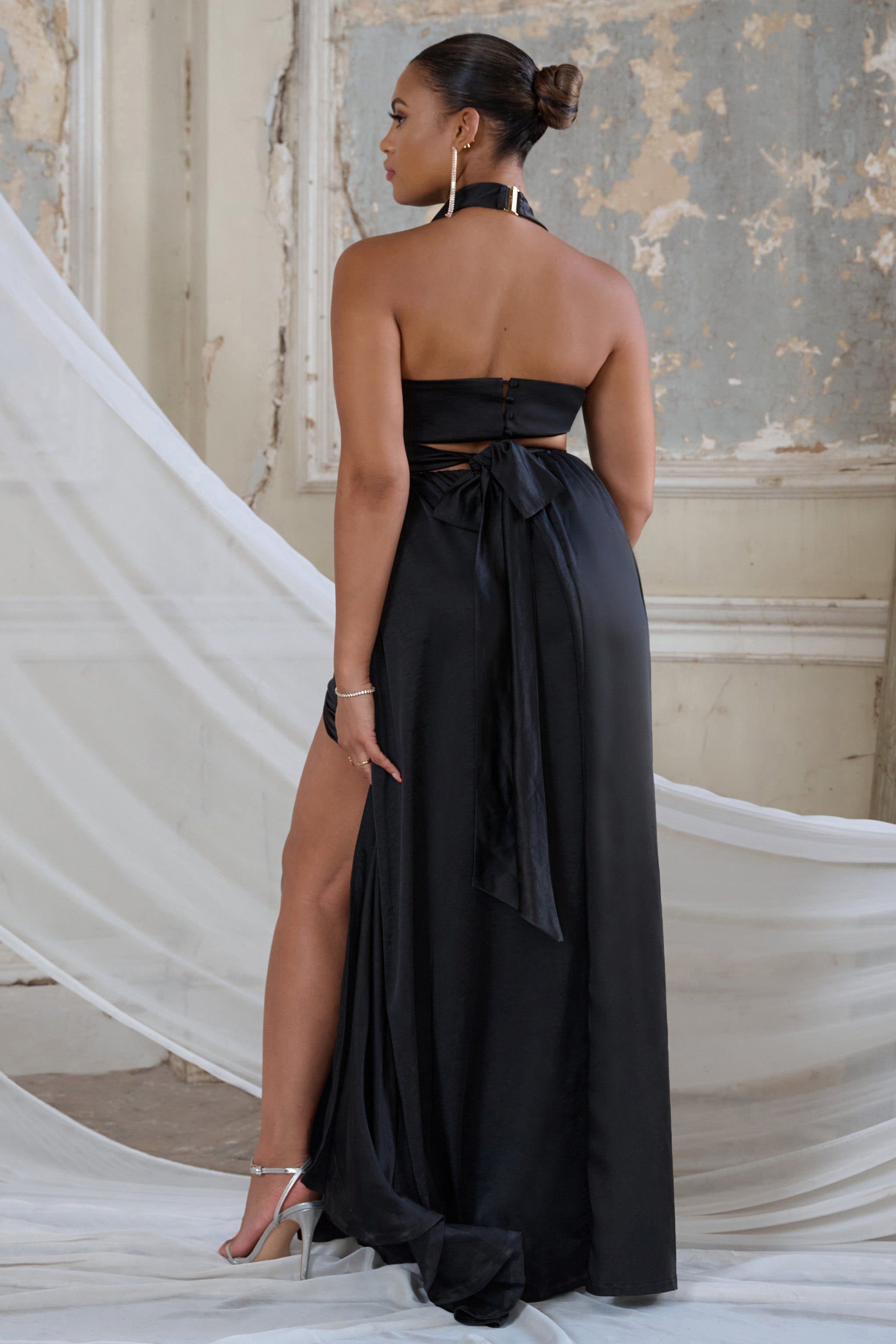 Darling | Black Satin Halter Neck Bow Back Thigh Split Maxi Dress sold by Club L London product image thumbnail 2