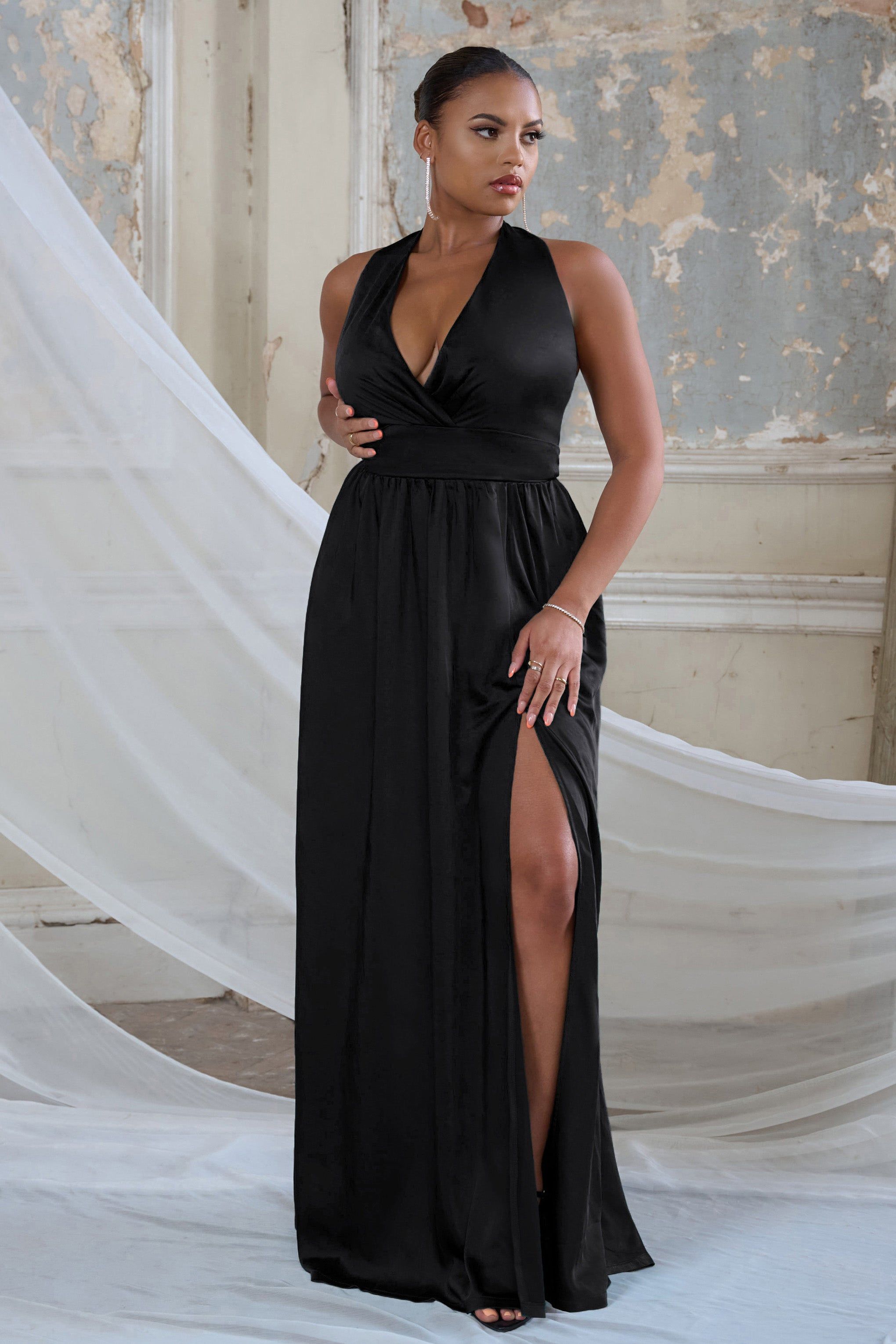 Darling | Black Satin Halter Neck Bow Back Thigh Split Maxi Dress sold by Club L London product image thumbnail 3