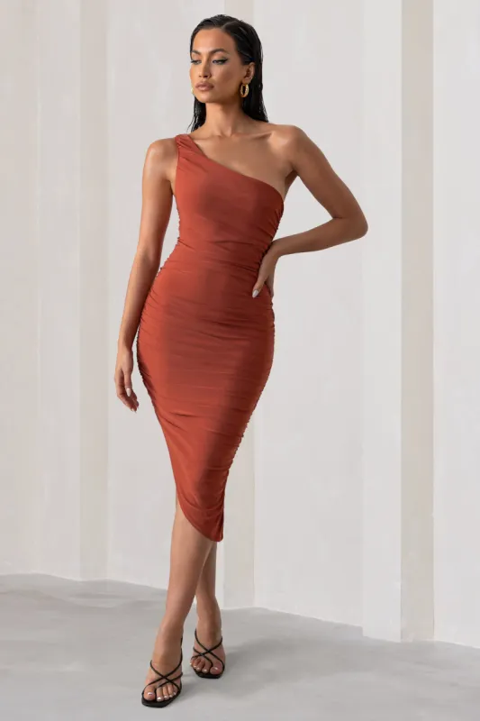 Late Night | Rust Asymmetric One Shoulder Ruched Midi Dress sold by Club L London